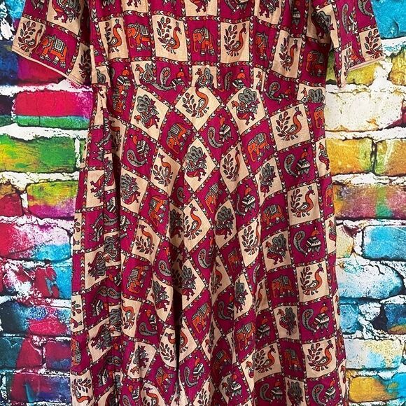 Vintage Handmade Cold Shoulder Peacock Elephant Print Dress Large - Picture 5 of 8